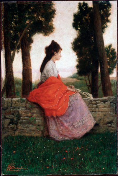 Young Lady Waiting for Something, Seated on a Little Wall by Federigo Zandomeneghi