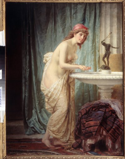 Orientalism "The Morning Toilet". Young woman only dressed in a sheet refreshing herself at the fountain. Painting by Feodor Andreyevich Bronnikov (1827-1902) by Fedor Andreevich Bronnikov