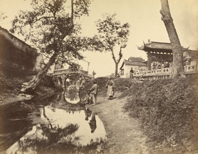 Chinese View of a River and a Bridge in a Village Including Several Chinese People by Felice Beato