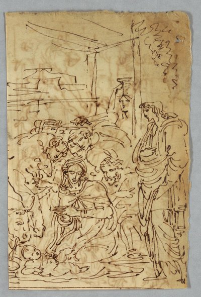 Adoration of the Shepherds; Archangel St. Michael after Raphael; St. Margarite after Raphael; Aloof de Wignancourt by Caravaggio; Putti; Study of the Flood; Verso: Disposition after Volterra; St. Cecilia after Raphael; Portion of Marriage of Henry IV to... by Felice Giani