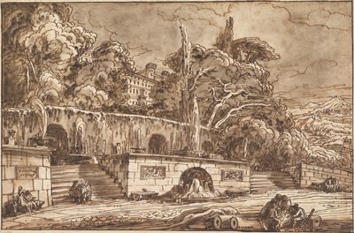 Landscape Capriccio with the Villa d’Este, Tivoli, with Punchinelli and Other Figures by Felice Giani