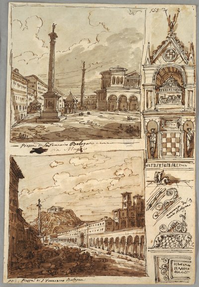 Piazza San Domenico in Bologna; Piazza San Francesco and Villa Aldini in Bologna; Study of Tomb of Glossatori by Felice Giani