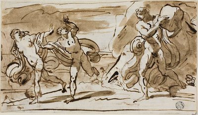 Polyphemus Throwing Boulders at the Fleeing Aeis and Galatea (recto); Polyphemus Playing His Reed Pipes for Galatea (verso) by Felice Giani