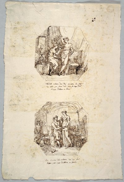 Project for Two Octagonal Paintings: Daedalus using Breasts of Hebe as Model for Bowl for Jupiter. Hebe Receives this Bowl from Him. by Felice Giani