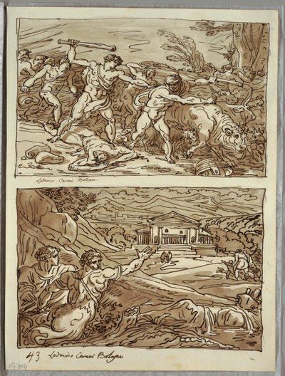 Remus Drives Away and Kills the Robbers of the Herds; Sanctuary for the Fugitives on the Campidoglio, Two Studies after Carracci by Felice Giani