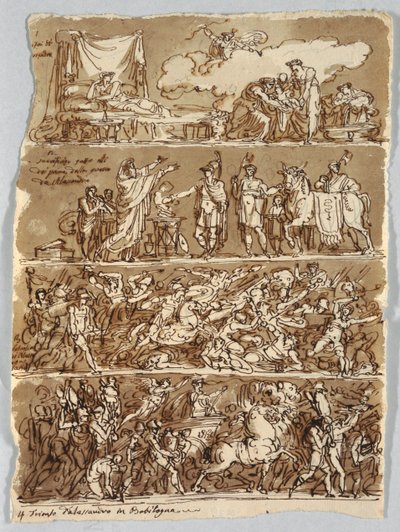Sketchbook Page: Birth of Alexander the Great; Battle of Alexander and Darius; Triumph of Alexander by Felice Giani