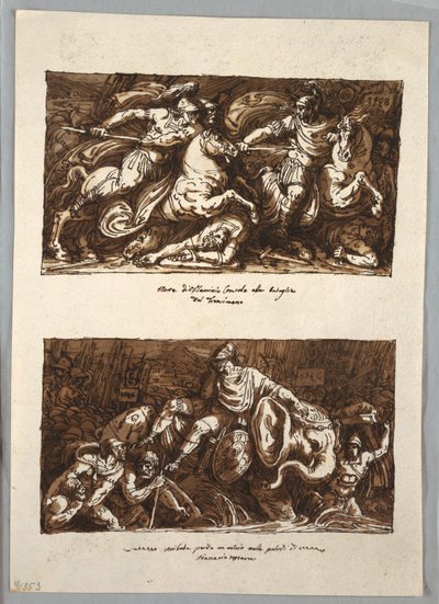 Sketchbook Page: Death of Flaminius in the Battle of Trasimeno; Annabelle Loses an Eye in the Swamps of Fiano, Tuscany by Felice Giani