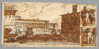 Sketchbook Page, Folio 57: Study after Piazza Emmanuelle in Bologna; Verso, Architectural Detail by Felice Giani