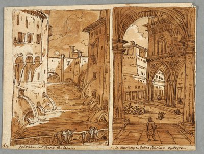 Sketchbook Page, Folio 64: Study after Bolognese Architecture and Sculpture; Verso: Geometric Designs by Felice Giani