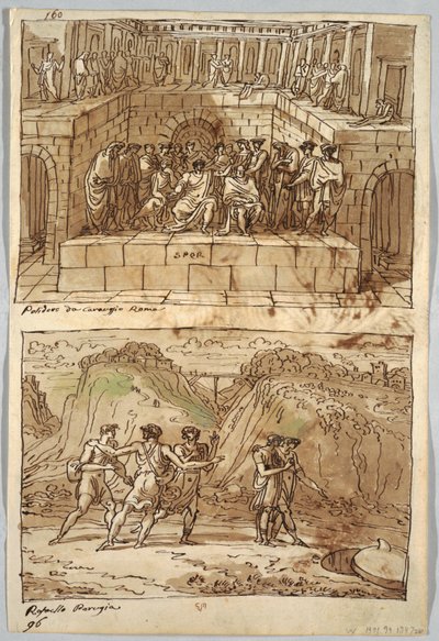Sketchbook Page, Folio 98: Two Paintings after Caravaggio and Raphael; Verso: Eagle and Ox by Felice Giani