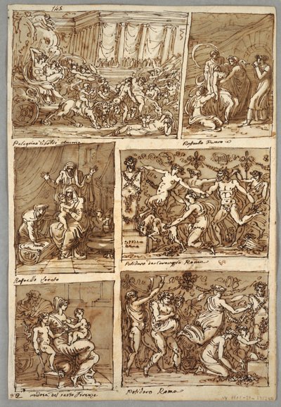 Sketchbook Page: Six Scenes; Verso: Five Studies of Horse Heads; Head of Lion by Felice Giani