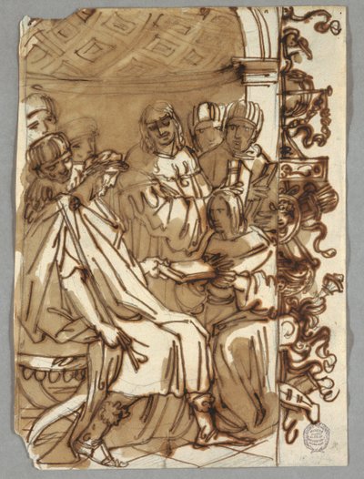 Tribonian Presents Pandects to Emperor Julian, after Perino del Vaga; Sketch of Trophy by Felice Giani