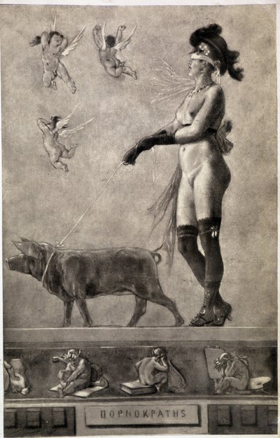Pornokrates (Naked woman, eyes strips, surrounded by angels and holding a pig on a leash) - drawing by Felicien Rops (1833-1898) by Félicien Rops