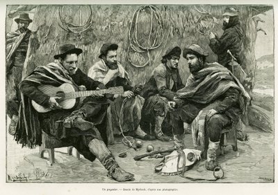 A payador, duel in verse of walking singers. Engraving to illustrate the story Voyage a la Plata, in 1886, by Emile Daireaux, in le tour du monde 1888, directed by Edouard Charton, Hachette, Paris. by Felicien baron de Myrbach Rheinfeld