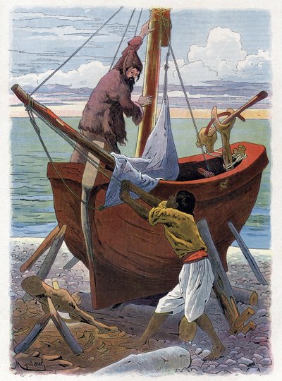 Robinson Crusoe and Friday Are Building a Boat by Felicien baron de Myrbach Rheinfeld