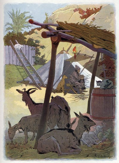 Robinson Crusoe home with his animals by Felicien baron de Myrbach Rheinfeld