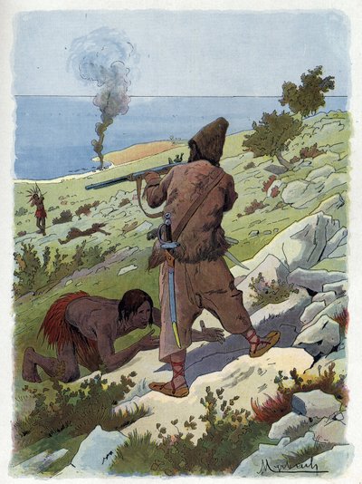 Robinson Crusoe kills the savages who chase Friday by Felicien baron de Myrbach Rheinfeld