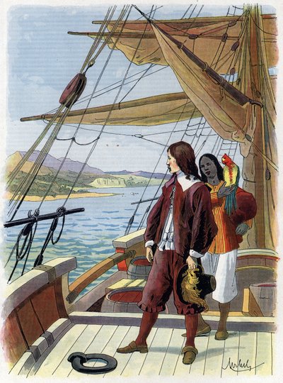 Robinson Crusoe leaves his island - Illustration by Felician Myrbach Rheinfeld for the Book of Daniel Defoe Robinson Crusoe. No Date. About 1934 by Felicien baron de Myrbach Rheinfeld
