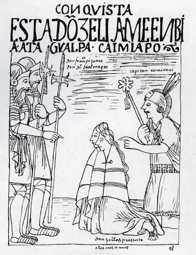 Captain Ruminavi presents Francisco Pizarro and Diego de Almagro with two women by Felipe Huaman Poma de Ayala