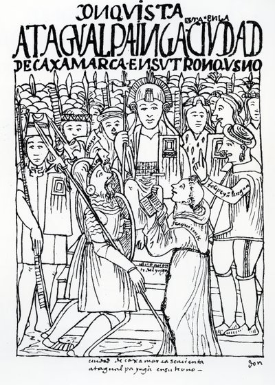 Diego de Almagro, Francisco Pizarro and Friar Vicente de Valverde kneeling before Atahualpa Inca at Cajamarca by Felipe Huaman Poma de Ayala