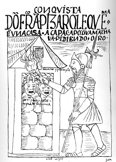 Don Francisco Pizarro setting fire to the house of Poma de Ayala