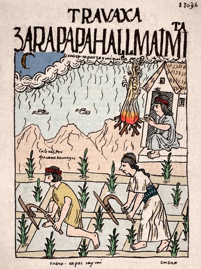 Inca Empire: An Indian couple from the Hatun Runa class works the land in January - Ink drawing from Don Felipe Puma de Ayala