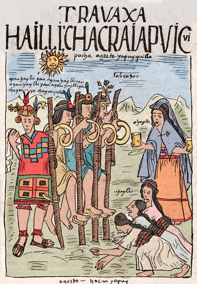 Inca Empire: the beginning of the field work in August, the occasion of a great popular feast. Ink drawing from the manuscript 