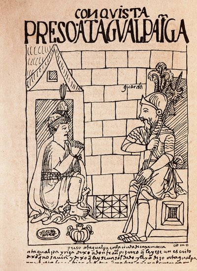 Inca emperor Atahualpa, prisoner of the Conquistadores at Cajamarca by Felipe Huaman Poma de Ayala