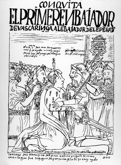 Martin de Ayala greets Francisco Pizarro and Diego de Almagro by Felipe Huaman Poma de Ayala