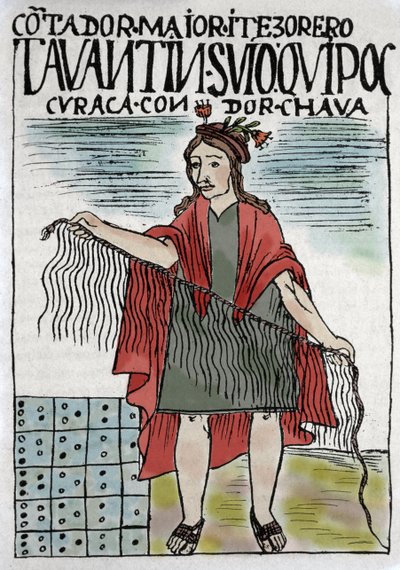 Quipu Inca accounting system in rope and knots, Inca culture 1400-1532 AD, manuscript by Felipe Guaman Puma de Ayala, Indian columnist of the 16th century. by Felipe Huaman Poma de Ayala