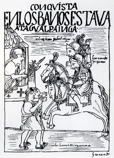 Sebastian de Benalcazar and Hernando Pizarro Confront Atahualpa Inca at the Royal Baths in Cajamarca by Felipe Huaman Poma de Ayala