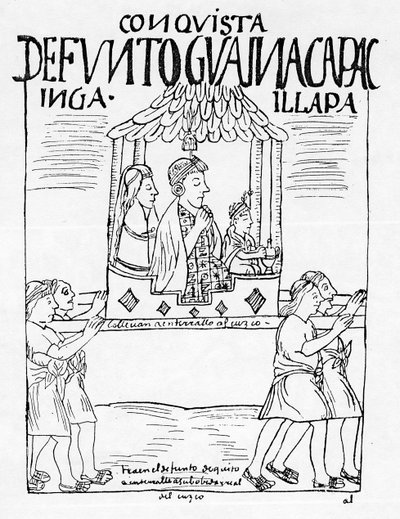 The body of Huayana Capac being carried from Quito to Cuzco for burial by Felipe Huaman Poma de Ayala