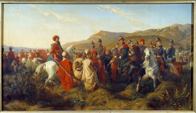 Conquest of Algeria (1830-1847): Episode of the campaign of Algeria in 1840 - the Duke of Orleans Ferdinand Philippe (1810-1842), son of King Louis Philippe, grants freedom to two Arab prisoners near the camp of Bl by Felix (after) Philippoteaux