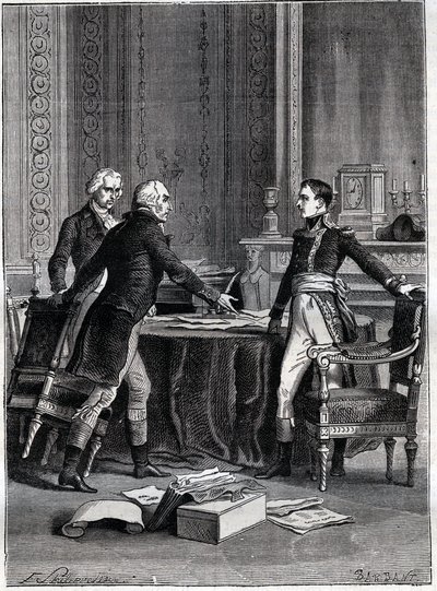 First deliberation of the three consuls in Peer-Luxembourg - Napoleon Bonaparte, Emmanuel Joseph Sieyes and Pierre Roger-Ducos 1799 - Engraving by Barbant, after Philippoteaux - First Consulate, 24 Frimaire VIII (15th December 1799), first meeting of First by Felix (after) Philippoteaux