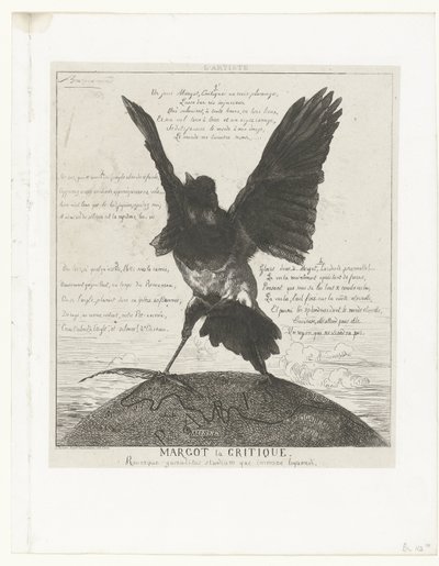 Magpie Standing with Outstretched Wings and Quill on a Globe with Map of Paris by Felix Bracquemond