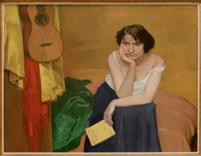 Brunette Woman Sitting Facing Forward with Guitar by Felix Edouard Vallotton