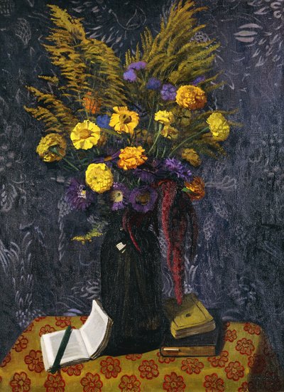 French Marigold, Purple Daisies and Golden Sheaves by Felix Edouard Vallotton