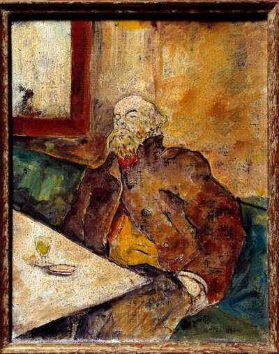 Portrait of Paul Verlaine (1844-1896), French poet, sitting at the bar in front of a glass of absinthe. Painting attributed to Felix Vallotton (1865-1925) by Felix Edouard Vallotton