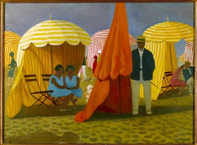 The Beach. Holidaymakers Under the Umbrellas Sheltered from the Wind by Felix Edouard Vallotton