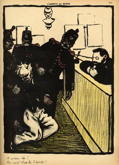 Three policemen bring a man beaten black and blue into the police station, from 