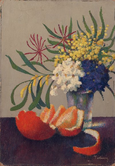 Still Life with Flowers and an Orange by Felix Elie Tobeen