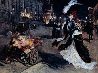 Belle Epoque: Woman in Egrets in a Parisian Street at Night by Felix Fournery