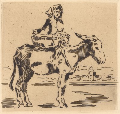 Woman Riding an Ass near a Tower by Felix Hilaire Buhot