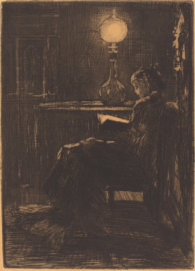 Woman Reading by Lamplight by Felix Hilaire Buhot
