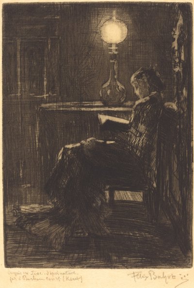 Woman Reading by Lamplight by Felix Hilaire Buhot