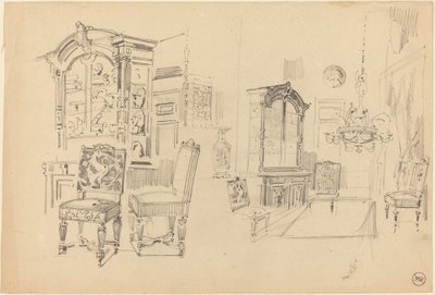 Two Studies of an Interior with Furniture by Felix Hilaire Buhot