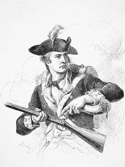 An American Soldier, During the War of Independence, Using His Powder Horn to Prime the Pan of His Flintlock Musket, Engraved by A. Bollett by Felix Octavius Carr (after) Darley