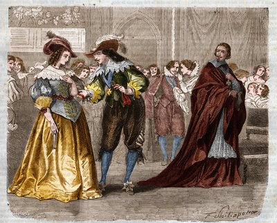 Roman serial: The Three Musketeers by Alexandre Dumas (1802-1870). King Louis XIII (1601-1643) handing over the two diamond ferrets to his wife, Queen Anne of Austria (1601-1666), under the gaze of Cardinal Richelieu (1585-1642). Illustration of Chapter X by Felix Philippoteaux