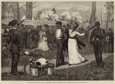 The American Centennial Festival Exhibition, Scene in Fairmount Park, Philadelphia, Negro Militia after Drill by Felix Regamey