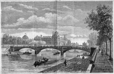 Architecture: view of the bridge of Solferino in Paris. Built by engineer Paul Martin Gallocher de Lagalisserie and inaugurated in 1861, it was demolished in 1960 and replaced by the Senghor Bridge (Solferino Bridge). Engraving by Felix Thorigny. by Felix Thorigny